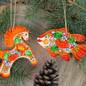 Christmas ornaments set- Horse and Fish- fine painted