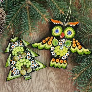 Wooden Christmas tree decorations owl and tree, hand painted