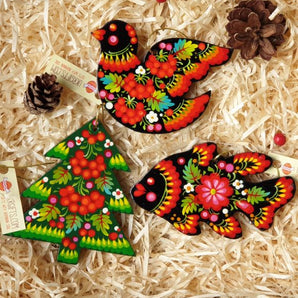 Wooden Christmas decorations set (bird, Christmas tree, fish), traditional Ukrainian handicraft