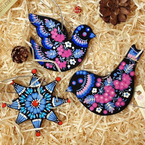 Wooden Christmas decoration set (birds, star) in blue