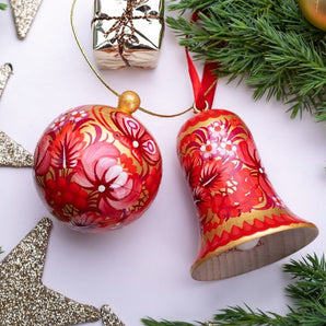 Exclusive Christmas tree ornaments- set, Christmas ball and bell, red-gold