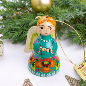 Christmas angel decoration and bell handmade of wood