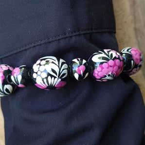 Wooden beaded bracelet with -black and pink, ukrainian folk wooden jewelry