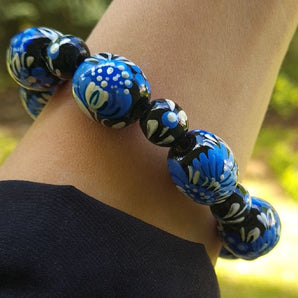 Original bracelet - black and blue - made of hand-painted wooden beads - Ukrainian craftsmanship