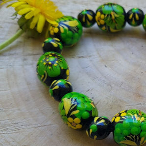 Wooden bracelet with -black and green - from hand painted beads