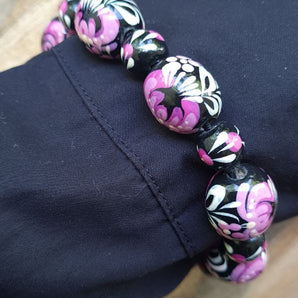 Wooden beaded bracelet with -black and pink, ukrainian folk wooden jewelry