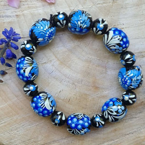 Original bracelet - black and blue - made of hand-painted wooden beads - Ukrainian craftsmanship