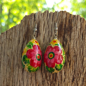 Wooden painted earrings - drops with pink flowers - Ukrainian Art