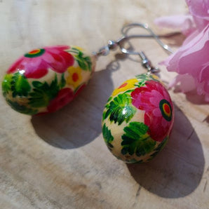 Wooden painted earrings - drops with pink flowers - Ukrainian Art