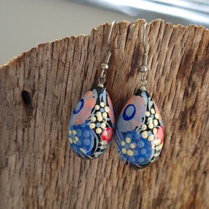 Painted earrings with floral pattern - drops - blue and pink