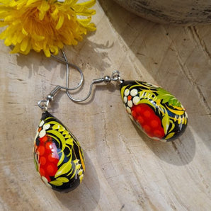 Folk-style hand painted wooden earrings, Ukrainian original style