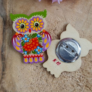 Folk-Style Fashion brooche owl, made of wood and painted by hand