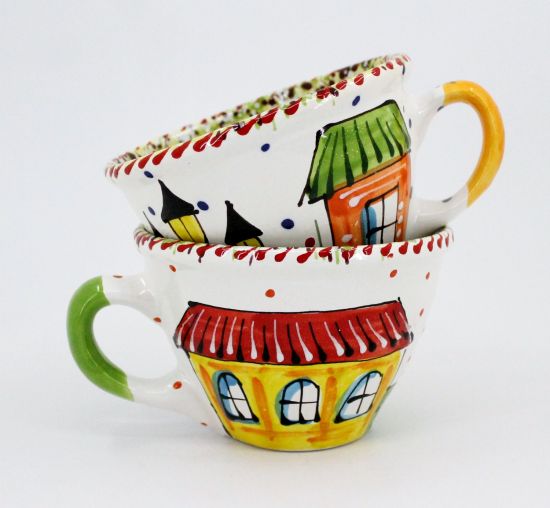 Hand painted ceramic cup with old town mitives