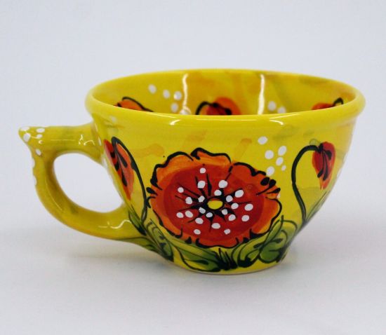 Hand painted unique clay cup with poppies