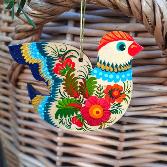 Wooden Christmas tree ornaments Bird with flower patterns