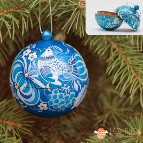 Pearl blue Christmas tree ball hand painted 7cm wooden openable