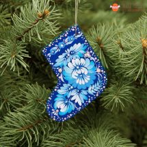 Blauer Weihnachtsbaumanhänger-Stiefel mit weißem Blumenmuster