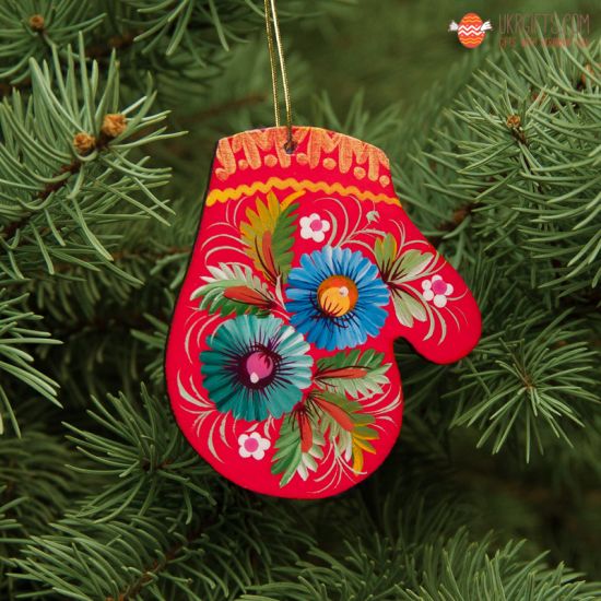 Wooden Christmas Mitten Ornaments (06), hand painted in Ukraine, Petrykivka Painting
