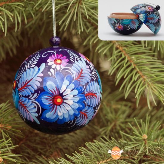 Handbemalte Weihnachtsbaumkugel blaue mit Blumen als Schatulle