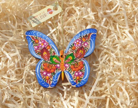 Wooden Christmas ornaments, set (Bird, Butterfly and Christmas tree) with hand painting