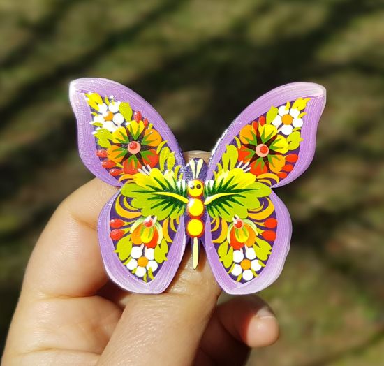 Wooden brooch Butterfly, hand painted in ukrainian style