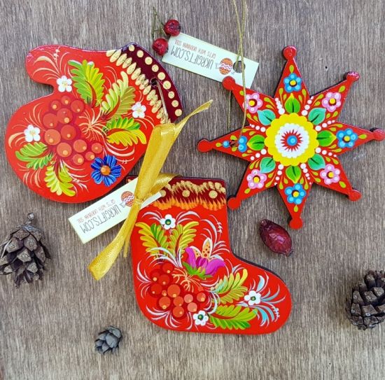 Set of hand painted wooden Christmas tree ornaments (christmas star, mitten and christmas stocking)