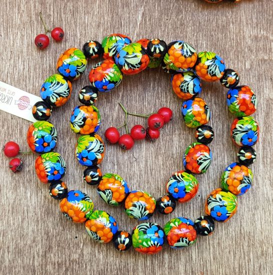 Unique wooden bead necklace, hand painted with flowers