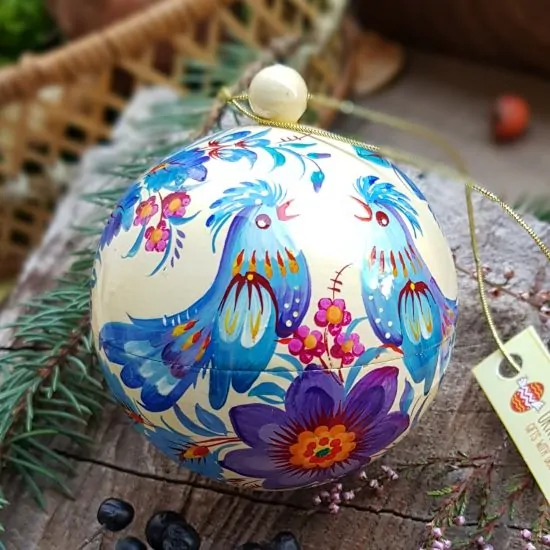 Hand painted Сhristmas balls with blue ornaments, openable box for a gift