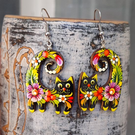 Funny cats wooden earrings cat , hand painted in ukrainian style