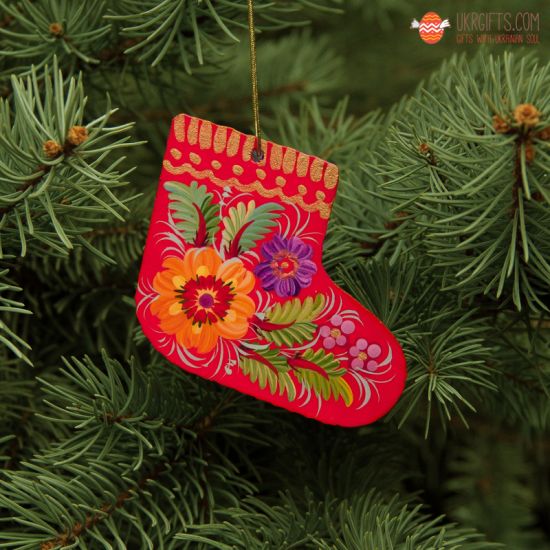 Roter Weihnachtsbaum-Stiefel aus Holz, traditionelles Kunsthandwerk