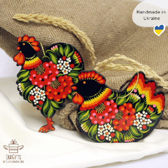 Ukrainian painted Christmas decorations set, 2 pcs - Rooster and Chicken 