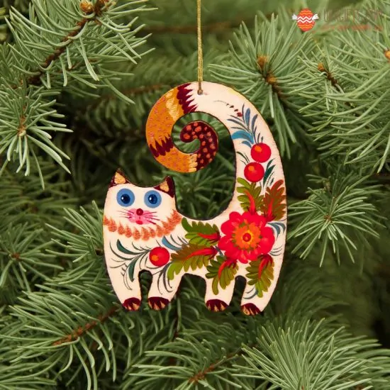 Handmade cat christmas decoration, painted on wood in ukrainian style