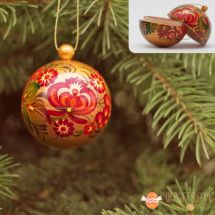 Golden Christmas tree ball and box for present, hand painted