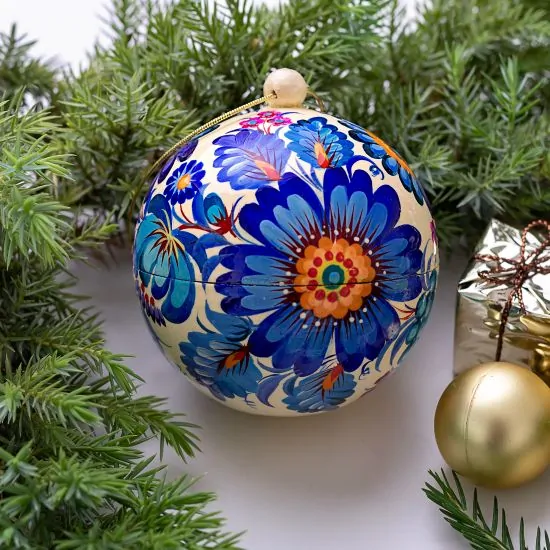 Handbemalte Weihnachtsbaumkugeln aus Holz mit blauem Muster 8-8.5cm befüllbar