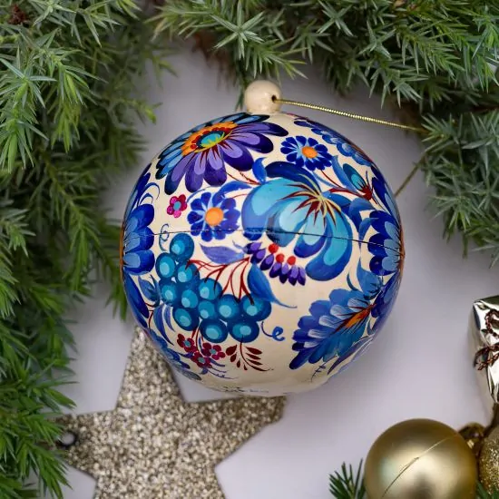 Handbemalte Weihnachtsbaumkugeln aus Holz mit blauem Muster 8-8.5cm befüllbar