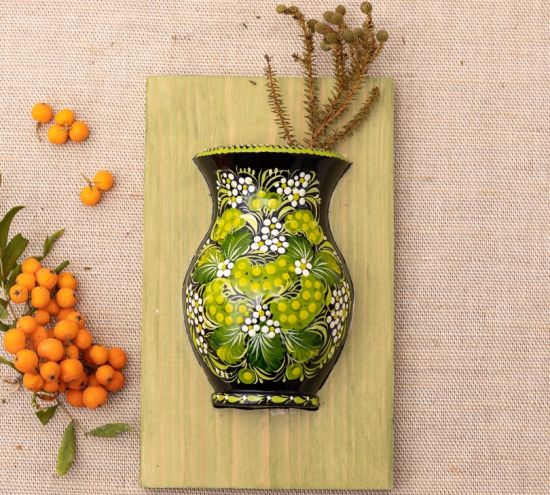 Unique wall art, wooden hanging vase with green flowers
