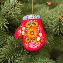 Wooden Christmas Mitten Ornaments (01), hand painted in Ukraine, Petrykivka Painting