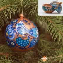 Goldene Weihnachtsbaumkugel 7cm mit blauem Muster von Hand bemalt