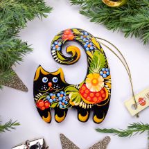 Black Cat wooden Christmas ornament, gift idea for Cat lovers, ukrainian art