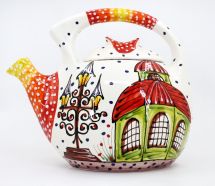 Handbemalte Keramik-Kaffeekanne mit Häusschen-motiven
