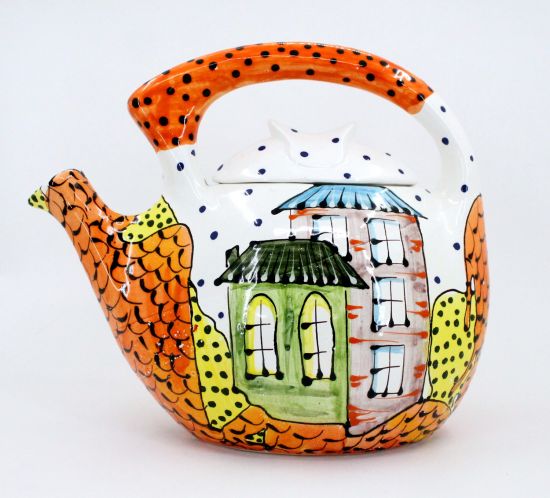 Large ceramic teapot with house motifs