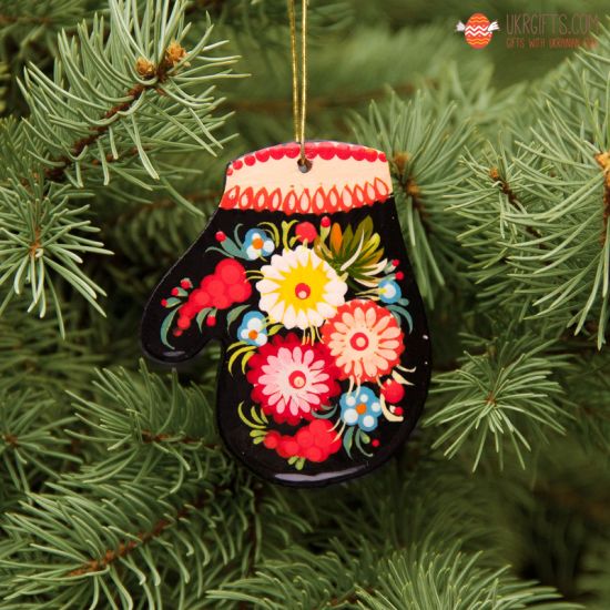 Wooden Christmas Mitten Ornaments (03), hand painted in Ukraine, Petrykivka Painting