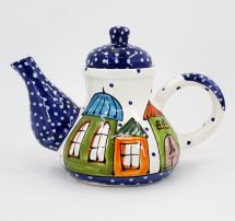 Originelle Teekanne aus Keramik mit Häusschen, handbemalt