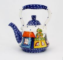Hand-painted pottery teapot with houses