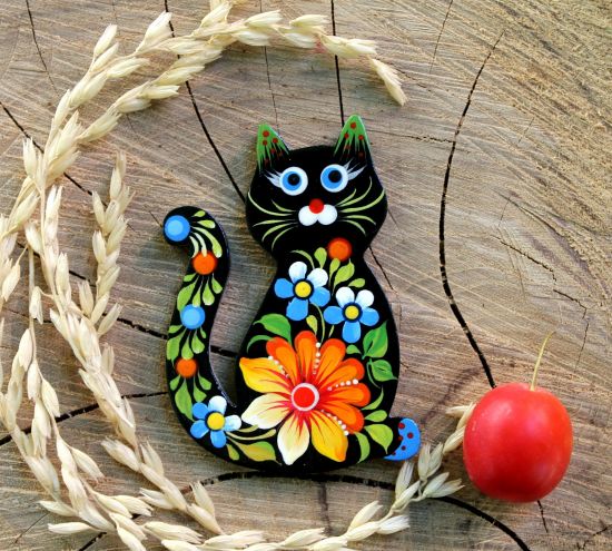 Funny cat - hand-painted wooden fridge magnet