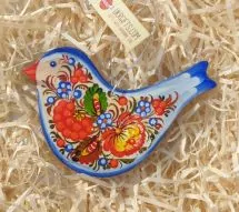Kunstvoll bemalter Vogel - Anhänger aus Holz mit Blumenmuster