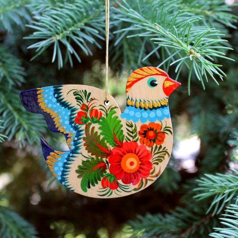 Bird Christmas tree ornament Ukrainian rustic with flower patterns ...