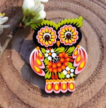Folk-style brooche Owl, made of wood and painted by hand, Petrykiwka painting