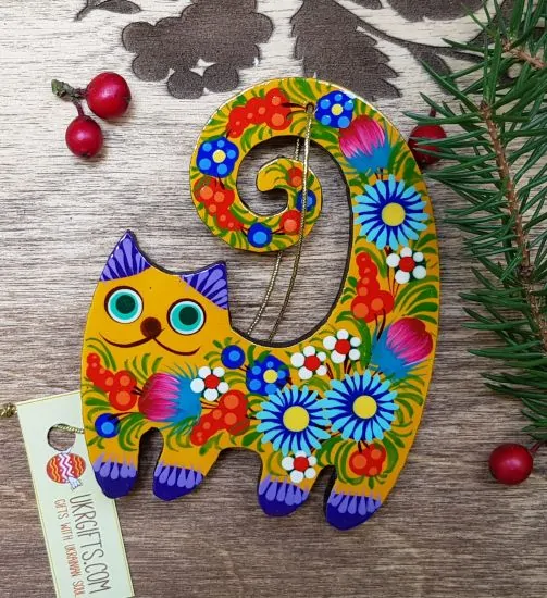 Funny cat, wooden christmas ornament, animal christmas decoration