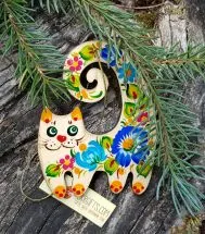 Rustikaler Holzchristbaumschmuck - Katze mit blauen Blumen